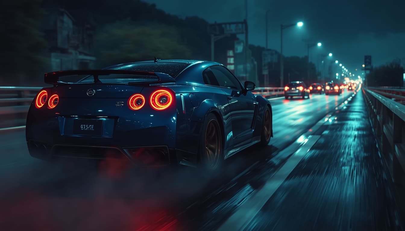 Nissan GT-R w nocnym ruchu na estakadzie